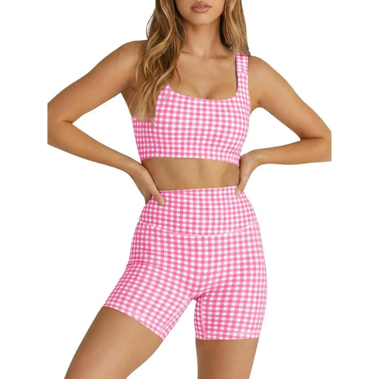 Womens Gingham, High Waist Sports Shorts Sets