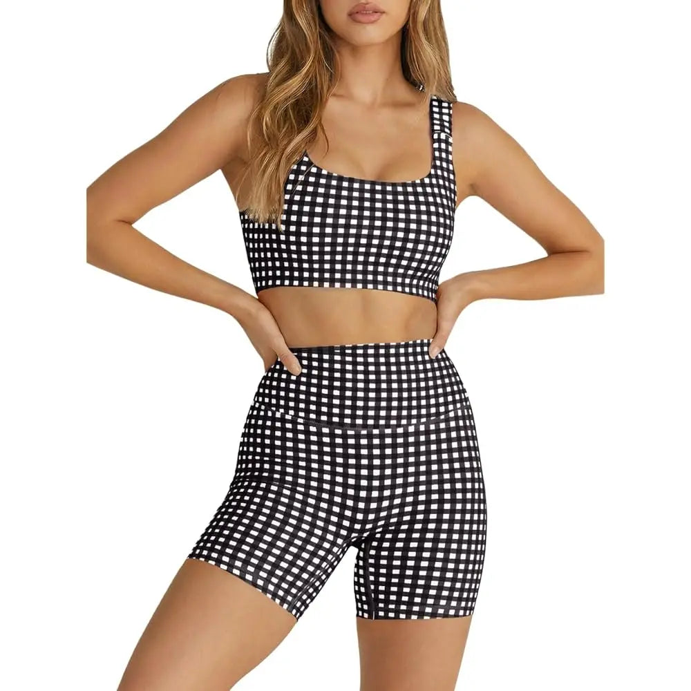 Womens Gingham, High Waist Sports Shorts Sets