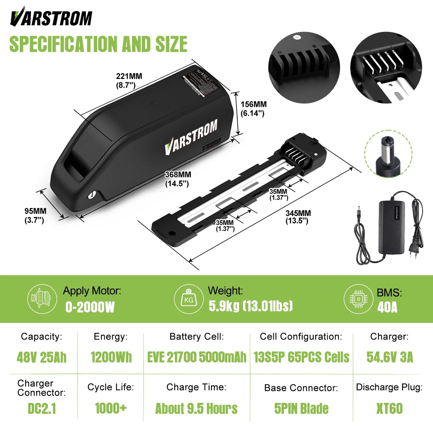 Ebike Battery 48V 25AH 52V 20AH 40A BMS Downtube Lithium Cell