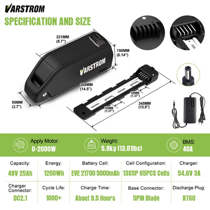 Ebike Battery 48V 25AH 52V 20AH 40A BMS Downtube Lithium Cell