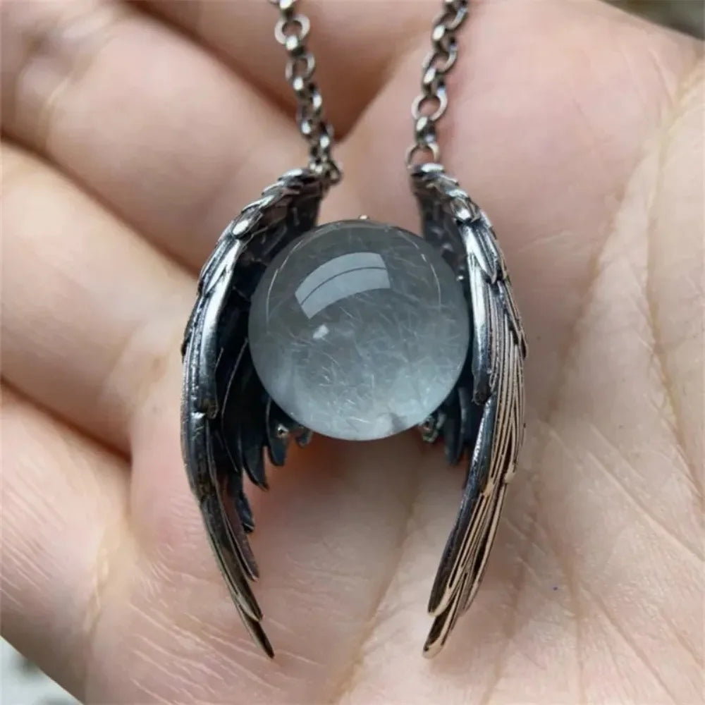 Silver Color Ghost Wings Round Smooth Pendant Necklace