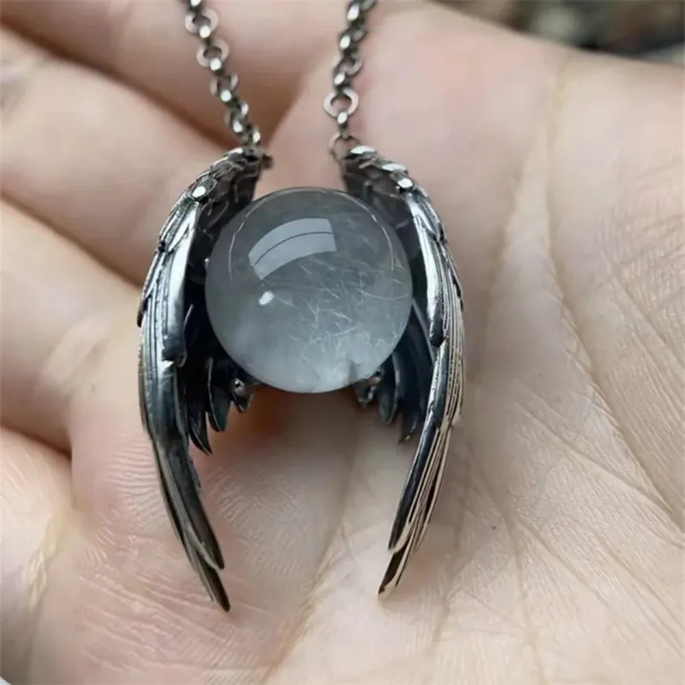 Silver Color Ghost Wings Round Smooth Pendant Necklace