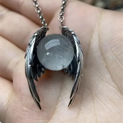 Silver Color Ghost Wings Round Smooth Pendant Necklace