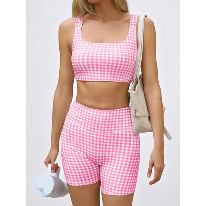 Womens Gingham, High Waist Sports Shorts Sets