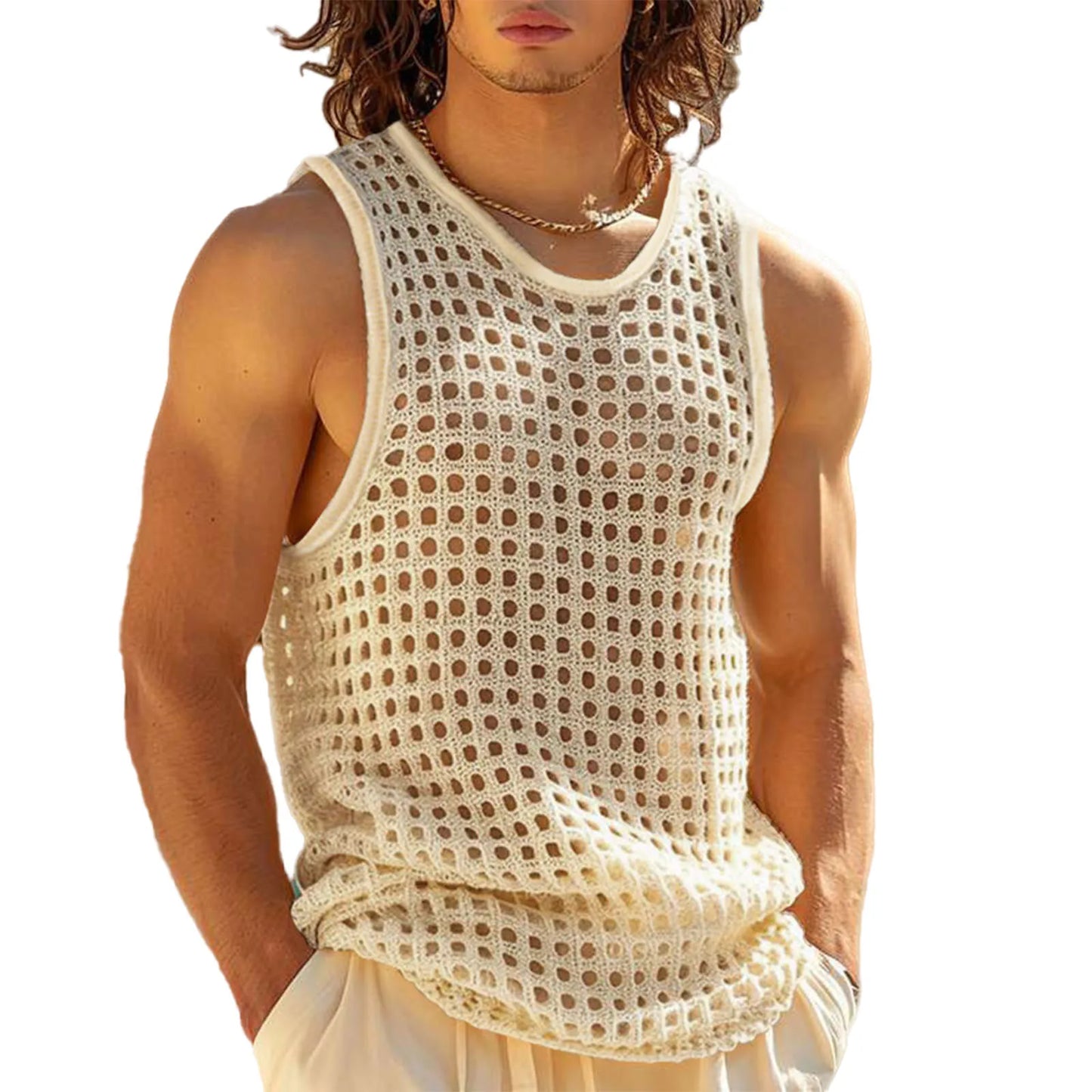 Men's Sleeveless Tank Top, Hollow Out Neck