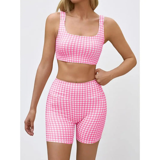 Womens Gingham, High Waist Sports Shorts Sets