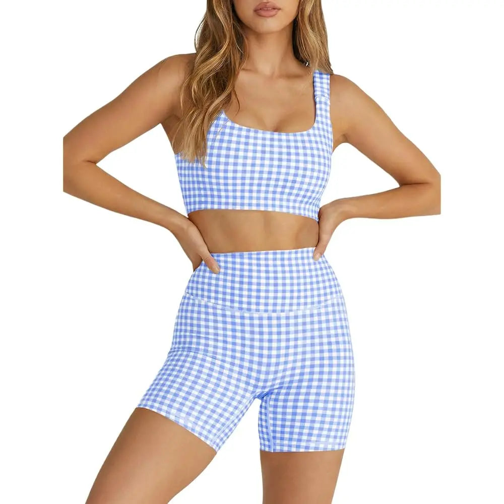 Womens Gingham, High Waist Sports Shorts Sets
