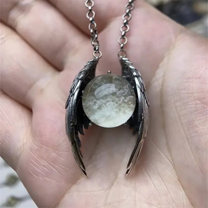 Silver Color Ghost Wings Round Smooth Pendant Necklace