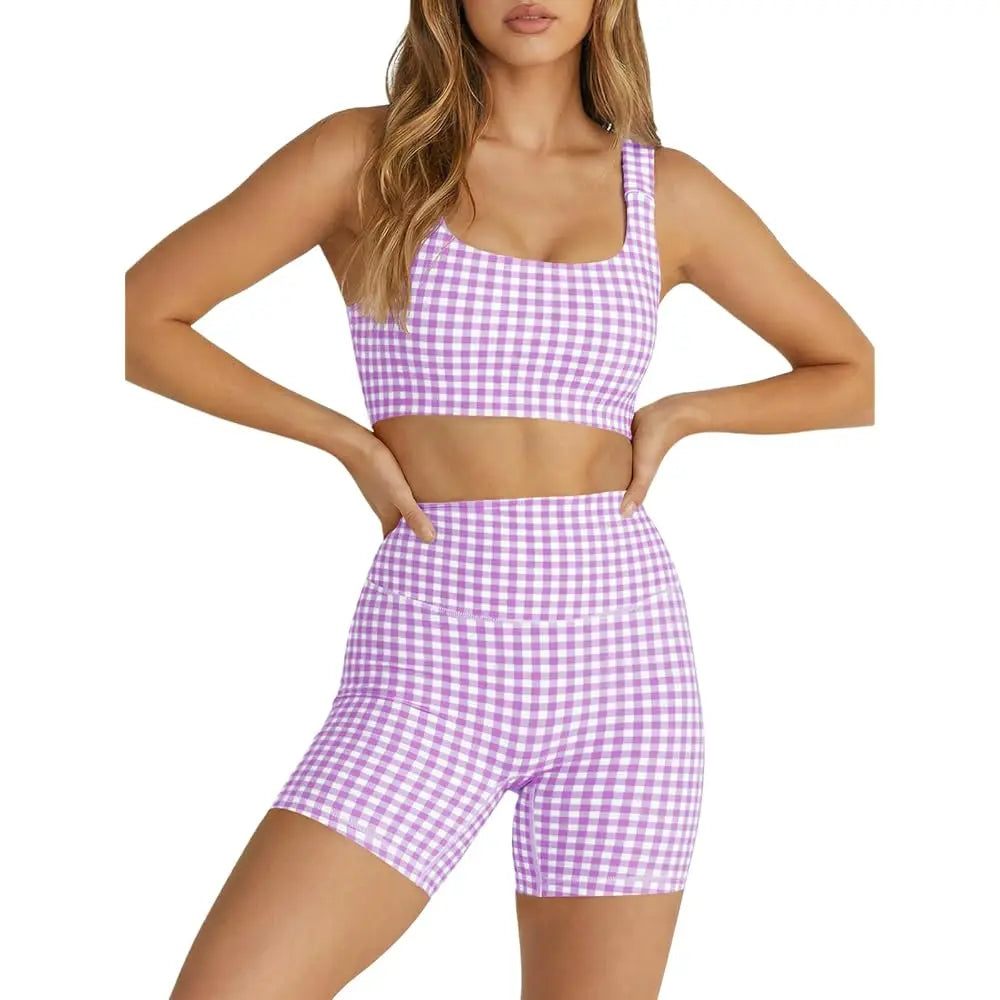Womens Gingham, High Waist Sports Shorts Sets