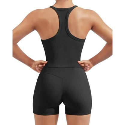 SUUKSESS Women 2 Pcs Workout Sets High Waisted Biker Shorts with Pockets Built in bra Racerback Tank Tops