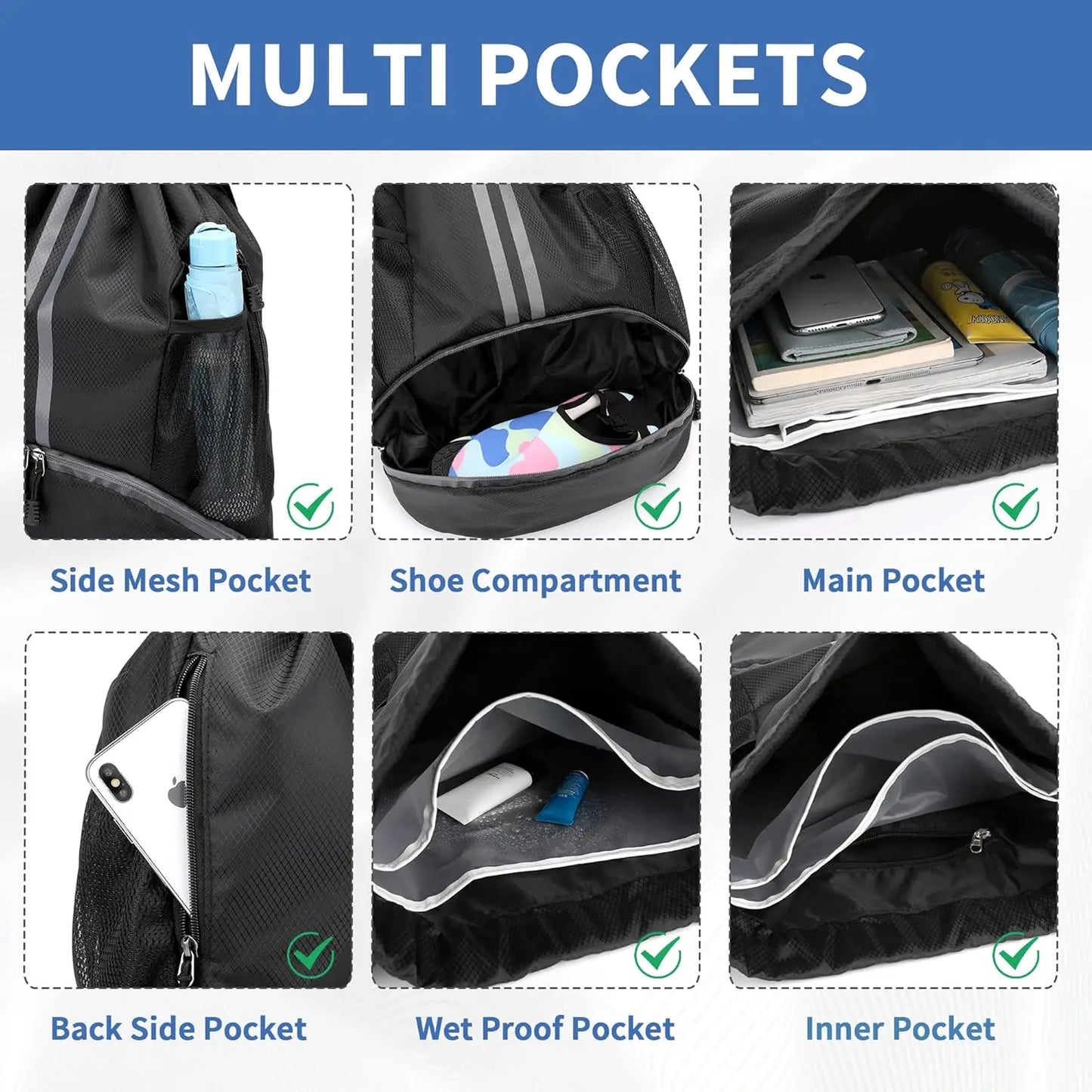Drawstring Backpack Gym Bag with Shoes Compartment