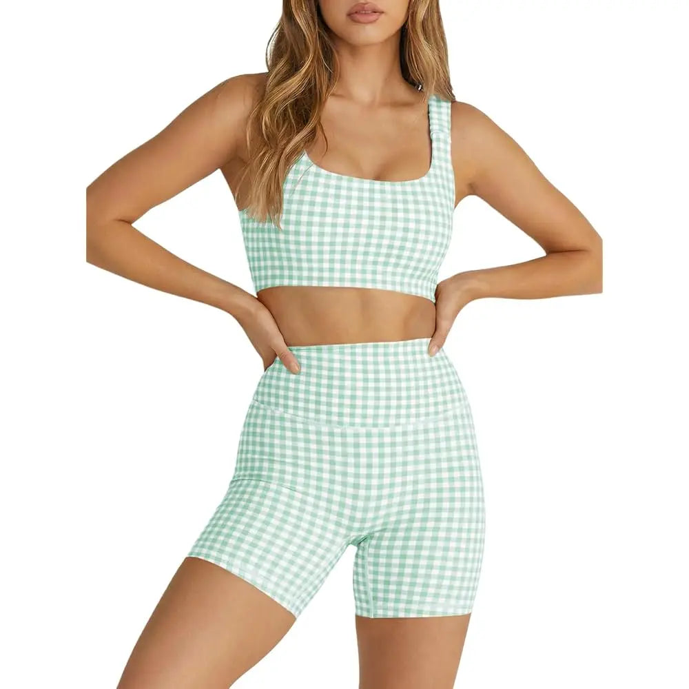 Womens Gingham, High Waist Sports Shorts Sets