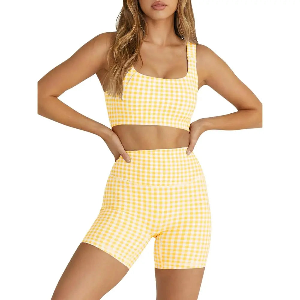 Womens Gingham, High Waist Sports Shorts Sets