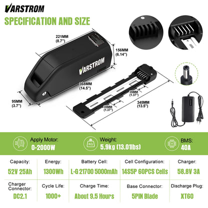 Ebike Battery 48V 25AH 52V 20AH 40A BMS Downtube Lithium Cell